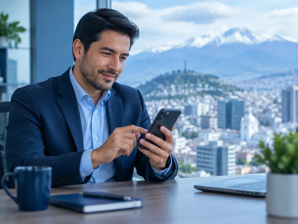 Asesora de seguros revisando una póliza en el celular