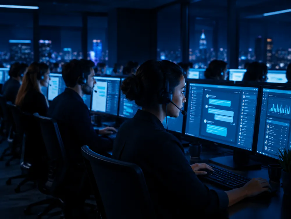 Contact center con agentes frente a pantallas de chat