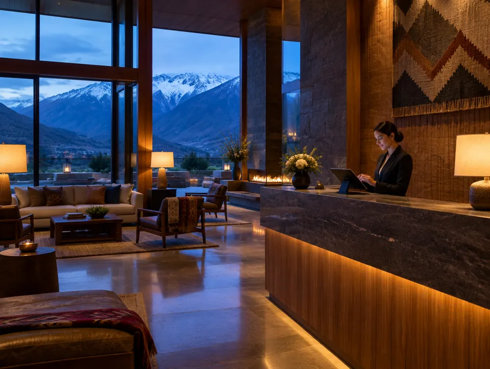Lobby de hotel boutique con check-in en tablet